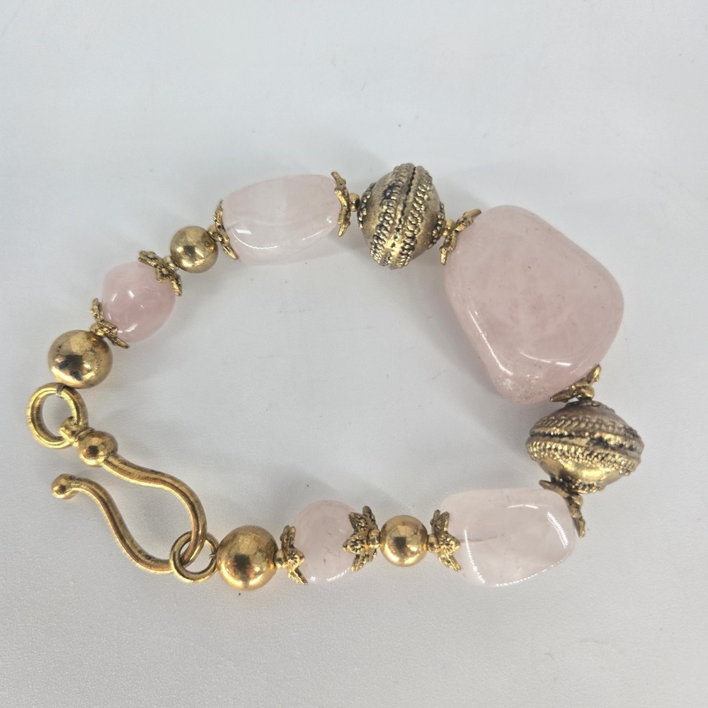 Rose Quartz Bracelet Gold Tone Beaded Shepherd Hook Clasp 7" Bohemian Vintage